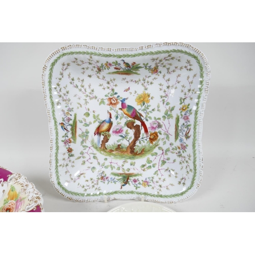 1 - A C19th square porcelain serving plate painted in bright enamels with exotic birds and flowers, 9¾