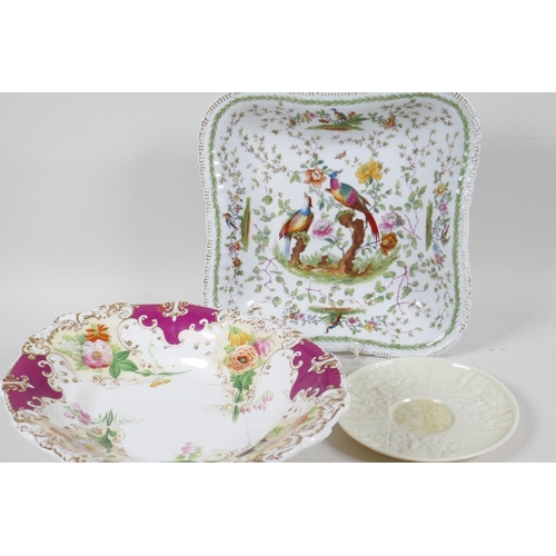 1 - A C19th square porcelain serving plate painted in bright enamels with exotic birds and flowers, 9¾