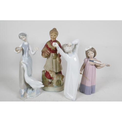 104 - Two Lladro figures, sleepy boy and woman with geese (missing finger), a Nao Daisia figure of a girl ... 