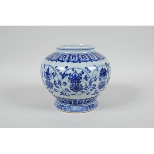 110 - A Chinese blue and white porcelain jar decorated with the eight Buddhist treasures and lotus flowers... 