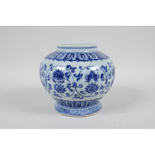 110 - A Chinese blue and white porcelain jar decorated with the eight Buddhist treasures and lotus flowers... 