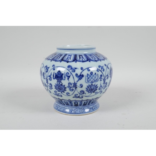 110 - A Chinese blue and white porcelain jar decorated with the eight Buddhist treasures and lotus flowers... 