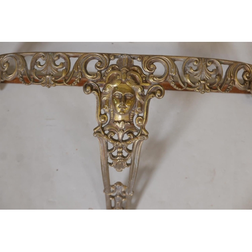 1213 - A gilt brass wall mounted demi lune console table, and another smaller, lack tops, 30