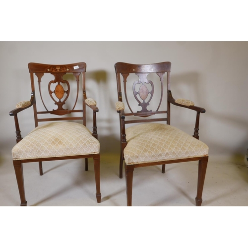 1219 - A pair of Victorian inlaid mahogany parlour chairs, with pierced heart shaped splat backs and open a... 