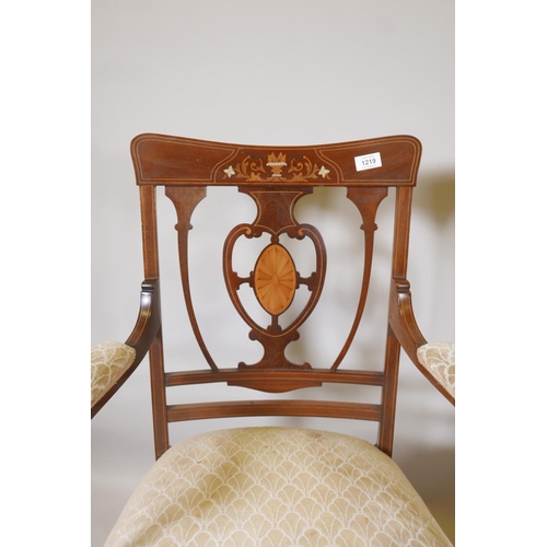 1219 - A pair of Victorian inlaid mahogany parlour chairs, with pierced heart shaped splat backs and open a... 