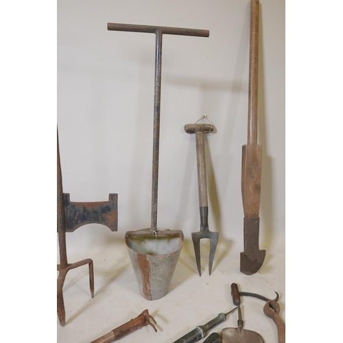 1226 - A collection of vintage tools, including a French bulb planter, a deep root lifter, Wikeham weed era... 