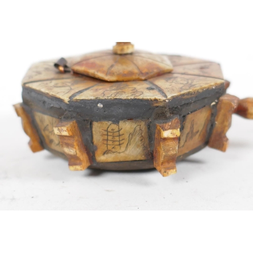 24 - A vintage Chinese wood and bone snuff box of octagonal form carved with figures and symbols, A/F, 2&... 