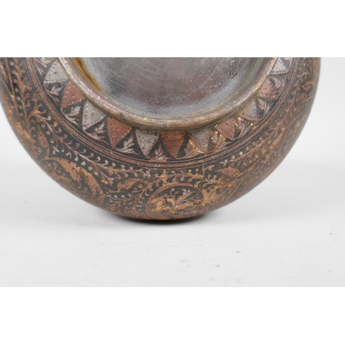 27 - A C19th Kashmiri brass pot with multi metal and enamel scrolling foliate decoration, 4½