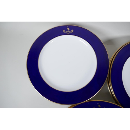 29 - Vintage Royal Worcester cobalt blue and gilt decorated tableware, embellished with a heron crest and... 