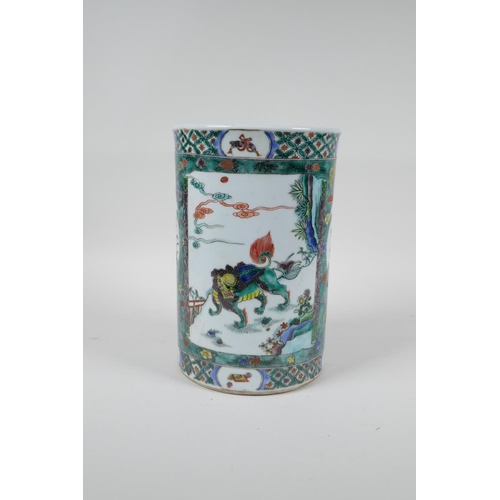 30 - A Chinese famille verte porcelain brush pot decorated with landscape scenes with kylin and birds, 6 ... 