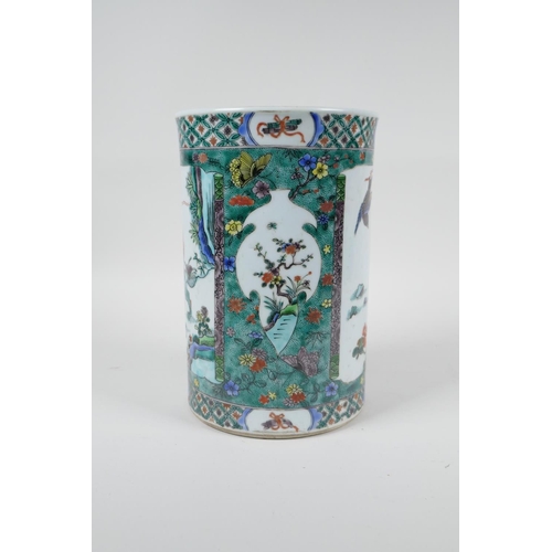 30 - A Chinese famille verte porcelain brush pot decorated with landscape scenes with kylin and birds, 6 ... 