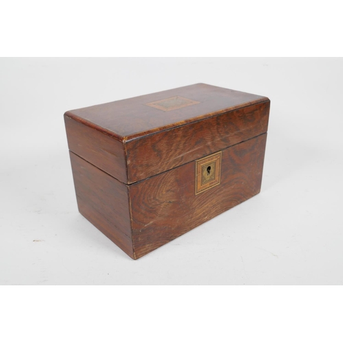 39 - A C19th inlaid rosewood twin division tea caddy with brass details, 9