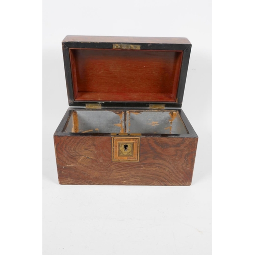 39 - A C19th inlaid rosewood twin division tea caddy with brass details, 9