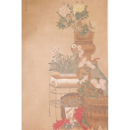 47 - A Chinese watercolour over print scroll depicting vases and planters filled with flowers, 19½... 