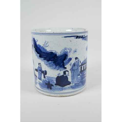 70 - A Chinese Republic period blue and white porcelain brush pot decorated with figures in a landscape, ... 