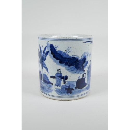 70 - A Chinese Republic period blue and white porcelain brush pot decorated with figures in a landscape, ... 