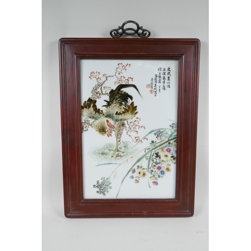 71 - A Chinese polychrome porcelain panel decorated with a rooster and flowers in a hardwood frame, 13