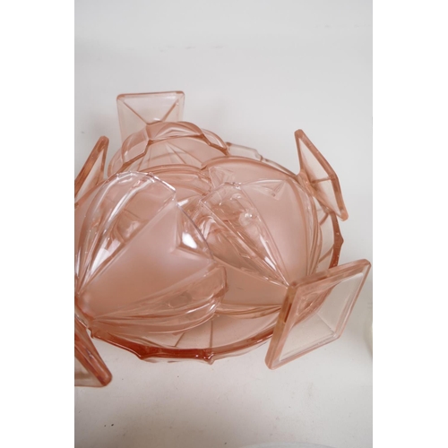 77 - An Art Deco pink glass fruit service of serving bowl and six pedestal bowls together with a vintage ... 