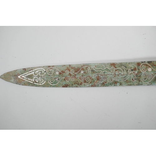 81 - A Chinese archaic style mixed metal short sword, the blade with stylised line decoration, 26