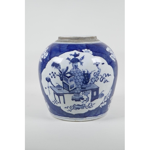 91 - An early C20th Chinese blue and white porcelain jar with decorative panels depicting objects of virt... 