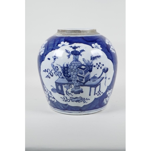 91 - An early C20th Chinese blue and white porcelain jar with decorative panels depicting objects of virt... 