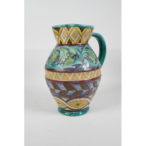 92 - A majolica water jug with scrolling leaf and sunflower decoration, 10