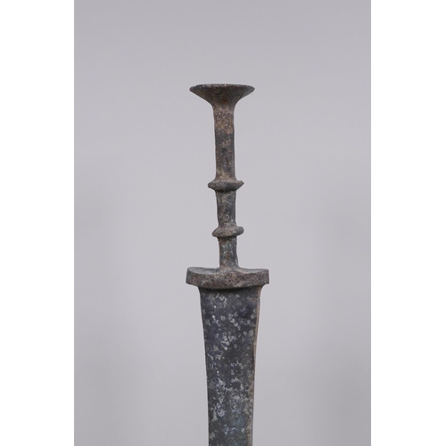 18 - A Chinese archaic style bronze dagger/short sword on a display mount, 15