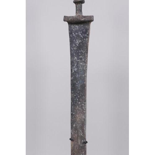 18 - A Chinese archaic style bronze dagger/short sword on a display mount, 15