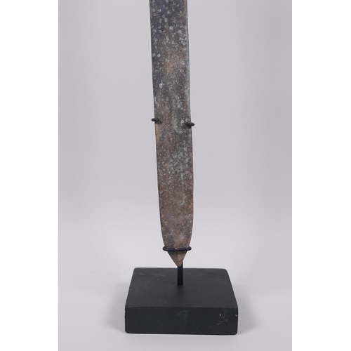 18 - A Chinese archaic style bronze dagger/short sword on a display mount, 15