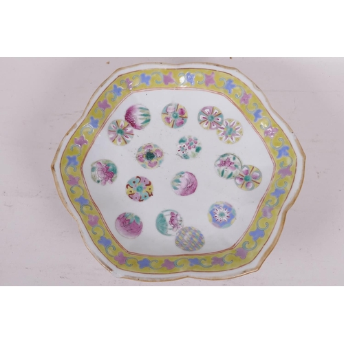 11 - A C19th Chinese petal rimmed footed bowl painted in bright polychrome enamels, red seal mark to base... 