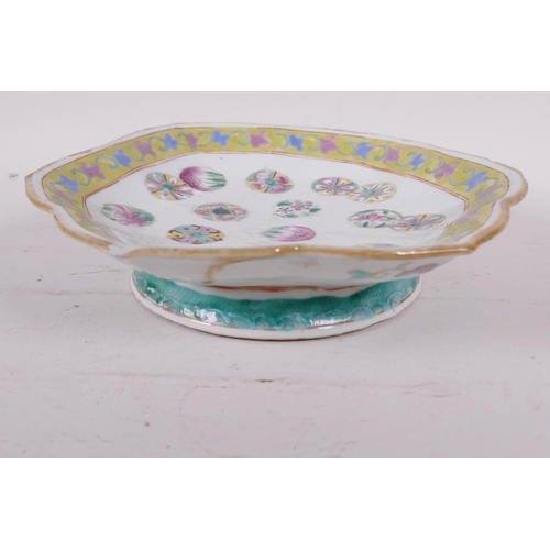 11 - A C19th Chinese petal rimmed footed bowl painted in bright polychrome enamels, red seal mark to base... 