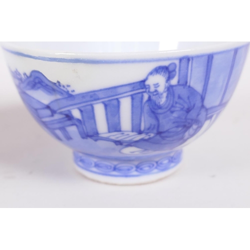 17 - A Chinese blue and white porcelain tea bowl decorated with a figure in a continuous landscape, 6 cha... 