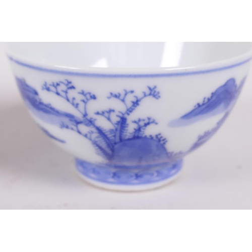 17 - A Chinese blue and white porcelain tea bowl decorated with a figure in a continuous landscape, 6 cha... 