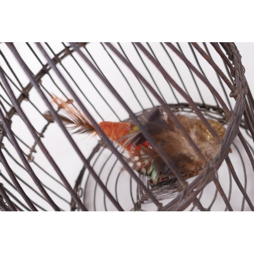 22 - A domed wire bird cage with woven banding, housing a model bird with metal head and feet, 11