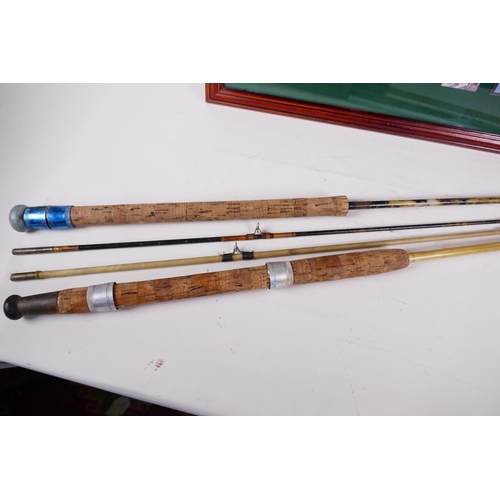 3 - A cased display of fishing ephemera and two vintage 7' fly fishing rods