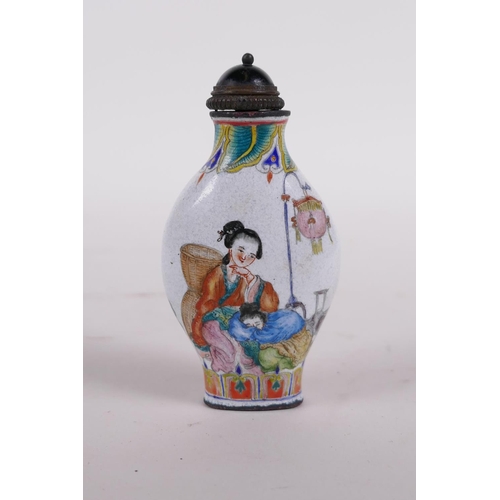 30 - A Canton enamelled copper snuff bottle decorated with women and children, four character mark to bas... 