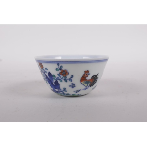 50 - A doucai porcelain tea bowl with chicken decoration, Qianlong seal mark to base, 3