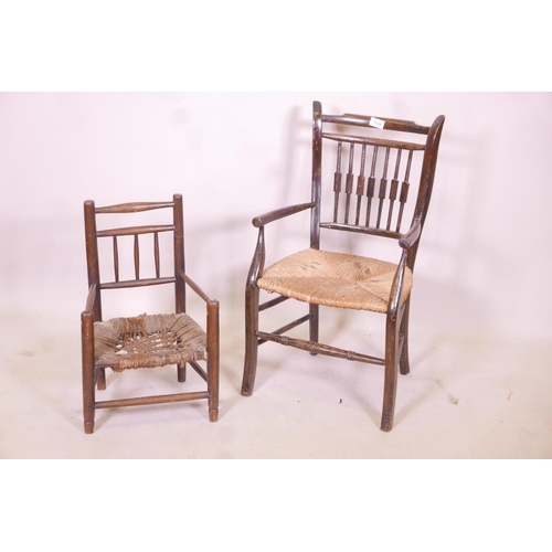 1234 - A child's William Morris style rush seated elbow chair, and another smaller