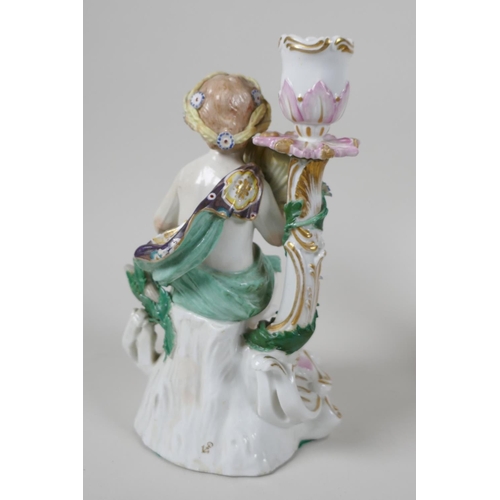 1 - A C19th Chelsea porcelain figural candlestick  modelled as a boy with a corn sheaf, 8