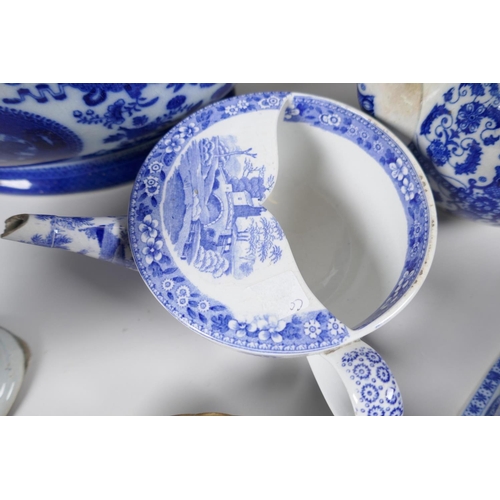 36 - A collection of early C19th blue & white china, including pearlware teapot, Coalport jug, etc. A... 