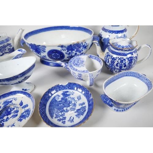 36 - A collection of early C19th blue & white china, including pearlware teapot, Coalport jug, etc. A... 