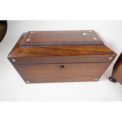 39 - Three C19th rosewood and mahogany Sarcophagus shaped tea caddies, largest 12½