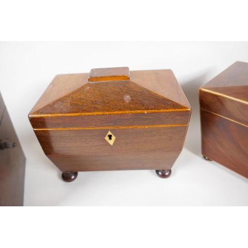 39 - Three C19th rosewood and mahogany Sarcophagus shaped tea caddies, largest 12½