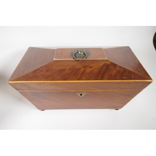 39 - Three C19th rosewood and mahogany Sarcophagus shaped tea caddies, largest 12½