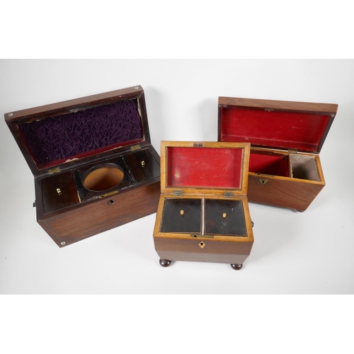 39 - Three C19th rosewood and mahogany Sarcophagus shaped tea caddies, largest 12½