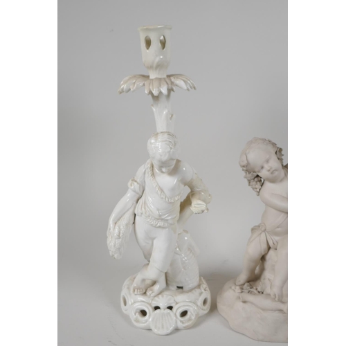 52 - A Stephenson & Hancock white glazed porcelain candlestick, modelled as a young boy & beehive... 