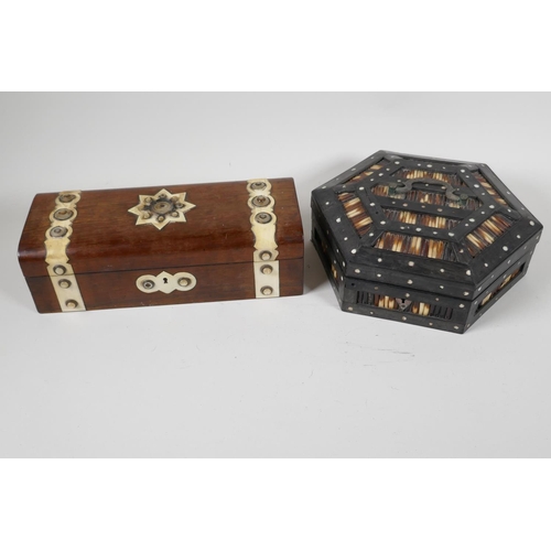 65 - A C19th hexagonal quillwork trinket box, and a C19th rosewood glove box, with bone and mother of pea... 