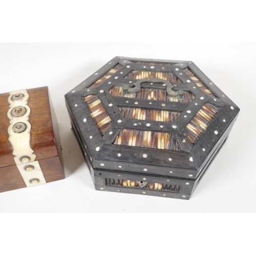 65 - A C19th hexagonal quillwork trinket box, and a C19th rosewood glove box, with bone and mother of pea... 