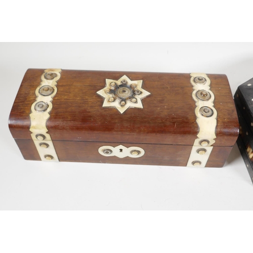 65 - A C19th hexagonal quillwork trinket box, and a C19th rosewood glove box, with bone and mother of pea... 