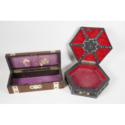 65 - A C19th hexagonal quillwork trinket box, and a C19th rosewood glove box, with bone and mother of pea... 